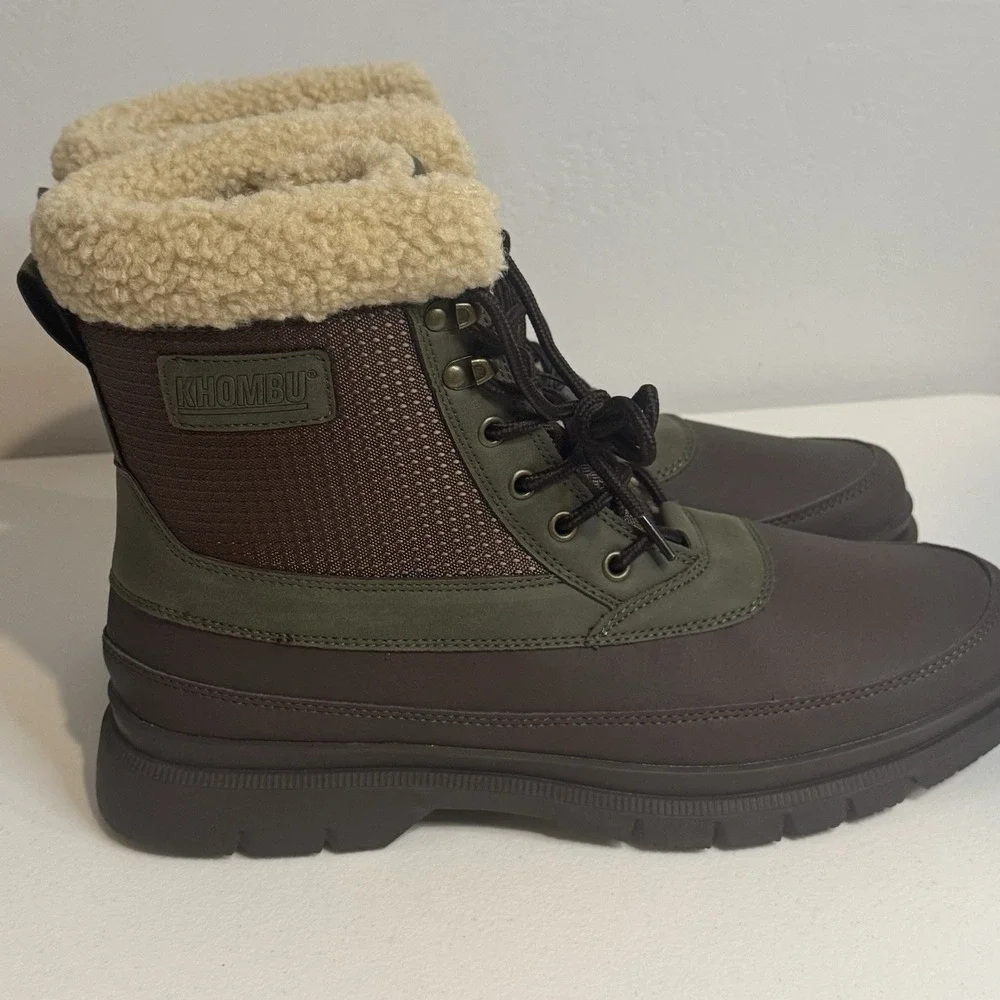 Khombu Mens Tall Winter Thermo Lite Fuzzy Lining Brown Green Boots Size 12M NEW